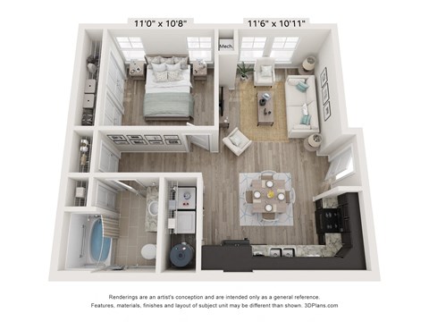 Floor plan for 1 bed, 1 bath, 650 sqft